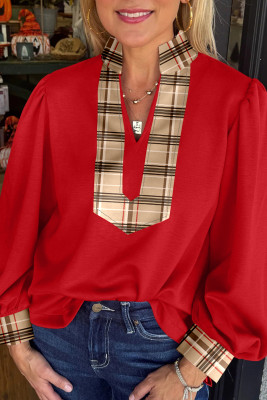 Racing Red Contrast Plaid Patchwork V Neck Long Sleeve Blouse LC25134832-P603