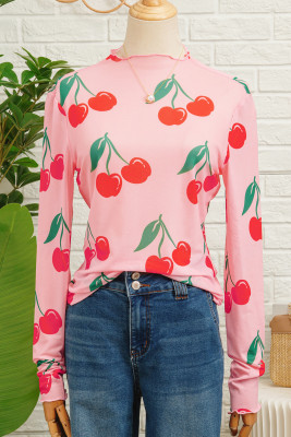 Pink Cherry Print Lettuce Trim Long Sleeve Mesh Top LC25134822-P1020