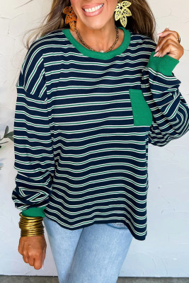 Green Stripe Ribbed Color Block Patchwork Crew Neck Patch Pocket Long Sleeve Top LC25134934-P919
