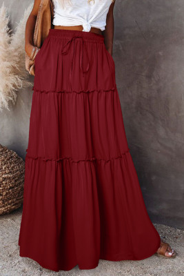 Fiery Red Black Frill Tiered Drawstring Waist Maxi Skirt LC721189-3