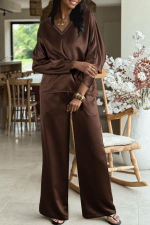 Dark Brown Braided V Neck Long Sleeve Loose Top and Drawstring High Waist Pants 2pcs Outfit LC628280-P5017