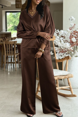 Dark Brown Braided V Neck Long Sleeve Loose Top and Drawstring High Waist Pants 2pcs Outfit LC628280-P5017