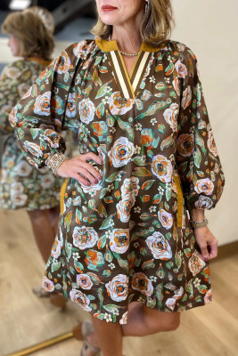 Brown Floral Print Contrast Trim V Neck Pocketed Long Sleeve Mini Dress DLM61267183-P1720