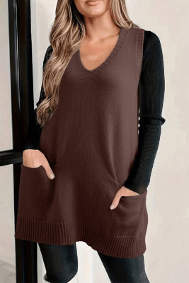 Dark Brown Ribbed Deep V Neckline Front Pocketed Loose Tunic Sweater Vest LC276982-P5017