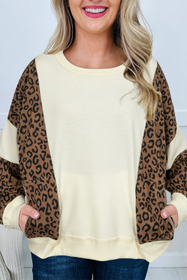 Beige Raw Seam Color Block Leopard Patchwork Baggy Long Sleeve Top LC25134675-P15