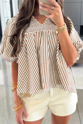 Brown Stripe Shirred V Neck Short Puff Sleeve Blouse LC25134681-P1719