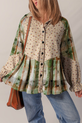 Mist Green Boho Floral Plaid Patchwork Distressed Detail Ruffled Sleeve Waffle Knit Shacket LC854970-P509