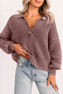 Dark Brown Mineral Washed Knit Button Polo Collar Loose Sweater LC2727768-P5017