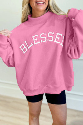Bright Pink Oversize Blessed Embroidered Mock Neck Sweatshirt LC25320223-P106