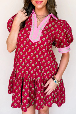 Red Floral Print Contrasted V Neck Short Bubble Sleeve Mini Dress LC6127219-P10320