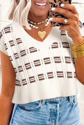 White Contrast Geometric Textured Knit V Neck Cropped Sweater Vest LC2761007-P101