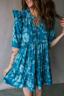 Blue Flower Half Sleeve Tiered Ruffled Mini Dress LC6127388-P520