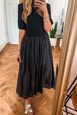 Black Short Sleeve Knit Top Patchwork Pleated Long Dress LC6126523-P2