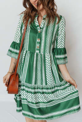 Green Boho Ethnic Print Half Button 3/4 Sleeve Casual Dress LC6127366-P920