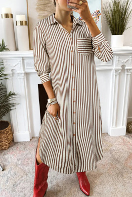 Brown Stripe Textured 3/4 Sleeve Round Hem Split Midi Shirt Dress LC6127461-P1719