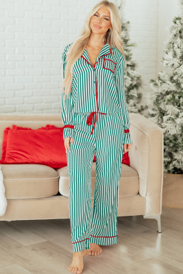 Green Stripe Contrast Velvet Trim Bow Knot Waist 2pcs Pajama Set LC151851-P919