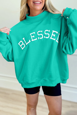 Sea Green Oversize Blessed Embroidered Mock Neck Sweatshirt LC25320223-P409
