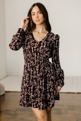 Brown Ditsy Floral Print Split Neck Long Sleeve Shirred Waist Flared Mini Dress DLM61267186-P1720