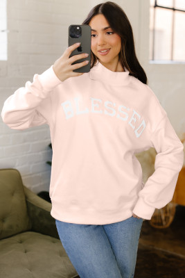 Light Pink Oversize Blessed Embroidered Mock Neck Sweatshirt LC25320223-P1010