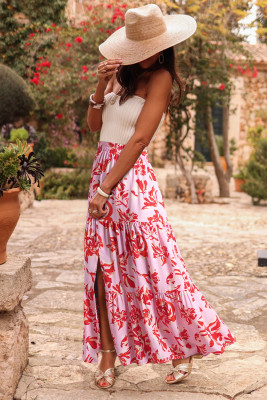 Pink Bohemian Floral Print Tiered Maxi Skirt with Split LC721864-P1020