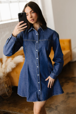 Ashleigh Blue Denim Shirt Collar Long Sleeve Flared Mini Dress LC7861119-P604