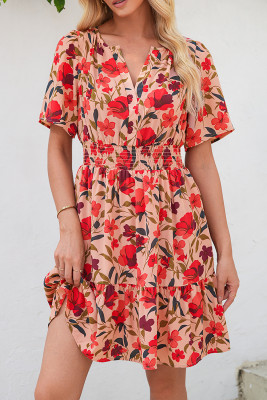 Red Floral Print Wrap V Neck Short Sleeve High Waistband Mini Dress LC6123039-P320