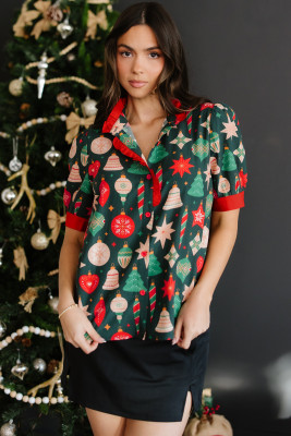 Green Christmas Fashion Print Contrast Trim Frilled Neck Short Sleeve Blouse LC25134445-P920