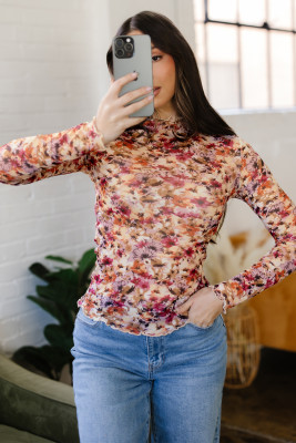 Red Lettuce Trim Floral Print Mesh Long Sleeve Top LC25229994-P10320