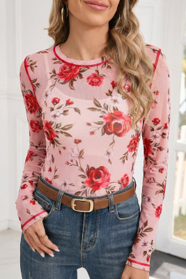 Pink Floral Print Exposed Seam Detail Mesh Long Sleeve Top LC25134605-P1020
