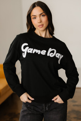Black Chenille Game Day Graphic Drop Shoulder Sweatshirt LC25319676-P2