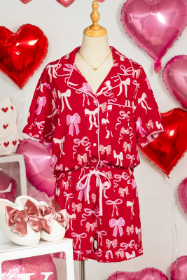 Red Sweet Bow Print Ruffled Short Sleeve Shirt Shorts 2pcs Pajama Set LC151918-P10320