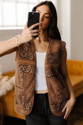 Brown Sherpa Paisley Print Pocketed Western Fashion Vest Jacket LC853552-P1720