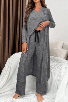 Dark Grey 3pcs V Neck T Shirt Ribbon Knot Pants Open Duster 3pcs Lounge Set LC151909-P2011