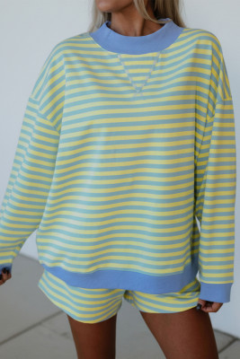 Yellow Stripe Color Block Detail Long Sleeve Pullover Elastic Waist Pull On Shorts 2pcs Set LC628749-P719