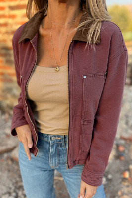 Coffee Corduroy Collar Zipped Front Denim Jacket LC788829-P1017