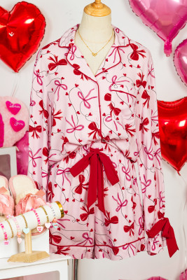 Red Bow Print Valentine Long Sleeve Shirt Shorts 2 Pcs Pajama Set LC151890-P10320