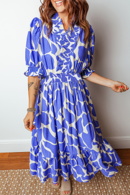 Sky Blue Abstract Print Smocked Waist Puff Half Sleeve Maxi Dress LC6127383-P420
