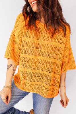 Mustard Hollow out Openwork Knit 3/4 Sleeve Sweater LC2771279-P407