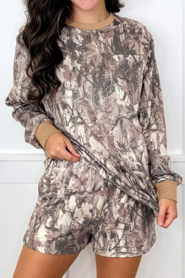 Khaki Woodland Camo Print Long Sleeve Top Casual Short Set LC628468-P1620