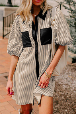 Black Stripe Color Block Patchwork Shirt Collar Button Down Puff Sleeve Mini Dress LC6123207-P219
