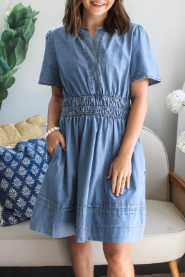 Myosotis Elastic Waist Short Sleeve Denim Mini Dress LC7861161-P1204