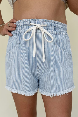 Sky Blue Stripe Raw Edge Drawstring Elastic Waist Casual Denim Shorts LC7832179-P419