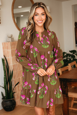 Brown Contrast Floral Print Babydoll Tunic Ruffled Hem Puff Sleeve Dress LC6126754-P1720