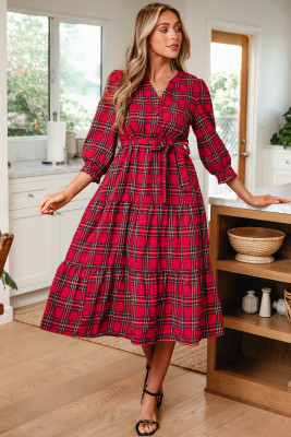 Red Christmas Plaid V Neck 3/4 Sleeve Tie Waist Ruffle Hem Long Dress LC6126618-P10320
