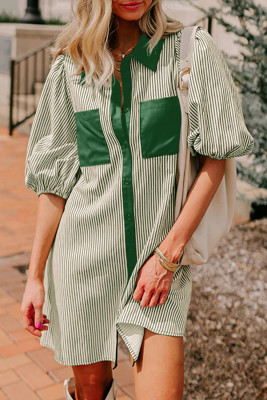 Green Stripe Color Block Patchwork Shirt Collar Button Down Puff Sleeve Mini Dress LC6123207-P919