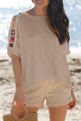 Parchment Granny Square Crochet Detail Loose T Shirt LC25229901-P6016