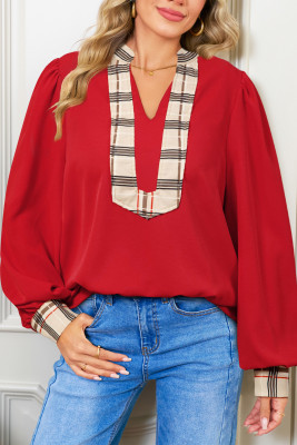 Racing Red Contrast Plaid Patchwork V Neck Long Sleeve Blouse LC25134832-P603