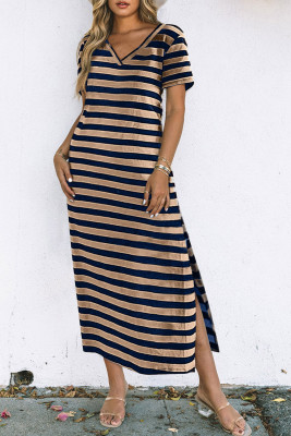 Black Stripe Print V Neck Maxi Dress with Side Splits LC6113423-19
