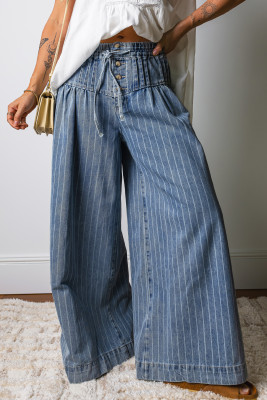 Sky Blue Stripe Button Pleated Drawstring Waist Casual Wide Leg Jeans LC7876393-P419