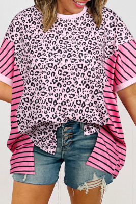 Pink Leopard Striped Patchwork Side Slit Loose Short Sleeve Top LC25135487-P1020